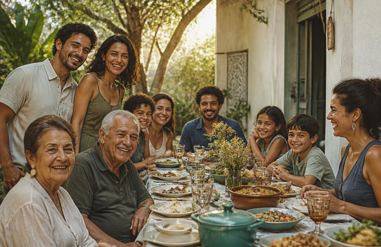 Família reunida em casa aproveitando um momento juntos